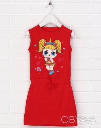Детское красное яркое платье 19ДД399-24-Н с принтом. Материал – 95% хлопок и 5% . . фото 1