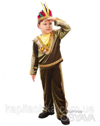 Индеец
Перья на голове и зеленовато-коричневый костюм, состоящий из штанишек и к. . фото 1