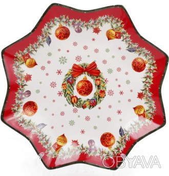 Блюдо сервірувальне фарфорове "Різдвяний орнамент" - яскравий посуд для затишног. . фото 1