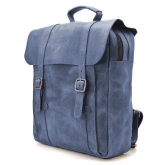 Сумка рюкзак для ноутбука из лошадиной кожи TARWA RK-3420-3md синяя. Закрывается. . фото 2