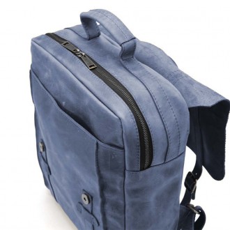 Сумка рюкзак для ноутбука из лошадиной кожи TARWA RK-3420-3md синяя. Закрывается. . фото 4