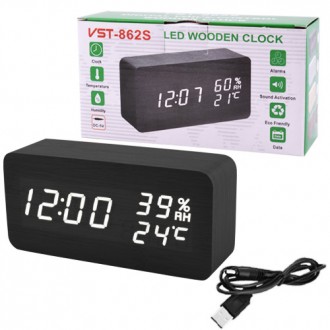 Часы сетевые VST-862S-6 белые, (корпус черный) температура, влажность, USB. . фото 4