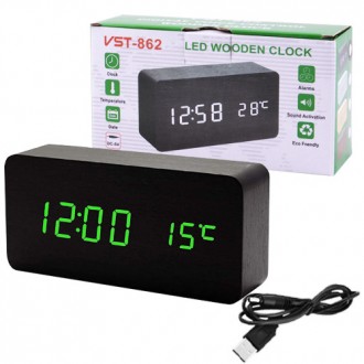 Часы сетевые VST-862-4 зеленые, (корпус черный) температура, USB. . фото 3