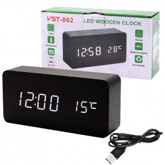 Часы сетевые VST-862-6 белые, (корпус черный) температура, USB. . фото 4
