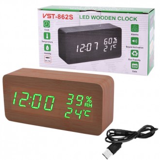 Часы сетевые VST-862S-4 зеленые, (корпус коричневый) температура, влажность, USB. . фото 4