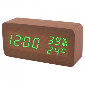 Часы сетевые VST-862S-4 зеленые, (корпус коричневый) температура, влажность, USB. . фото 2