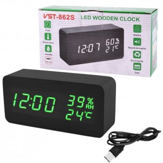 Часы сетевые VST-862S-4 зеленые, (корпус черный) температура, влажность, USB. . фото 4