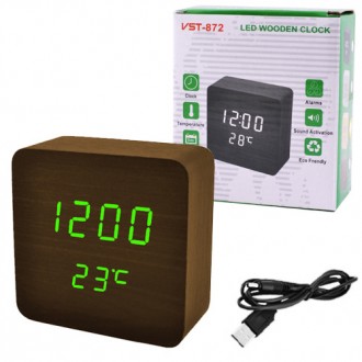 Часы сетевые VST-872-4, зеленые, (корпус коричневый) температура, USB. . фото 4