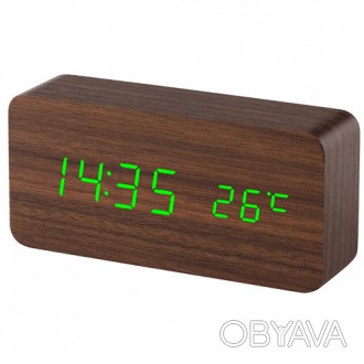 Часы сетевые VST-862-4 зеленые, (корпус коричневый) температура, USB. . фото 1