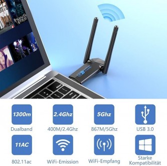 Мережевий адаптер Wi-Fi, адаптер для ПК, адаптер WLAN ElecMoga USB 3.0, 1300 Мбіт/с, ПК, 2,4 ГГц/5,8 ГГц,. . фото 8 Мережевий адаптер Wi-Fi, адаптер для ПК, адаптер WLAN ElecMoga USB 3.0, 1300 Мбі. . фото 8