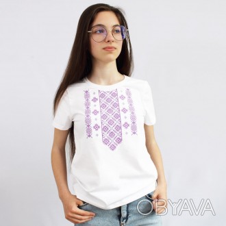 Стильна футболка вишита жіноча білого кольору з фіолетово-бузковою вишивкою від . . фото 1