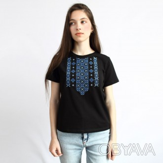 Стильна футболка вишита жіноча чорна з синьою вишивкою від виробника ТМ Ладан.
П. . фото 1