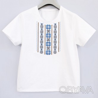 Стильна футболка вишиванка жіноча білого кольору вишита синіми нитками від вироб. . фото 1