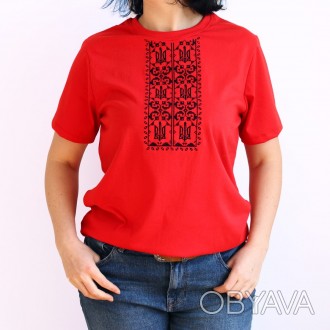 Вишита червона футболка з тризубами від виробника ТМ Ладан, Україна. 
Для смілив. . фото 1