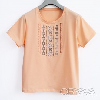 Стильна футболка вишиванка жіноча персикового кольору вишита білими та сірими ни. . фото 1