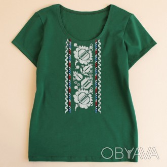 Стильна футболка-вишиванка жіноча зелена кольору з українським орнаментом від ви. . фото 1