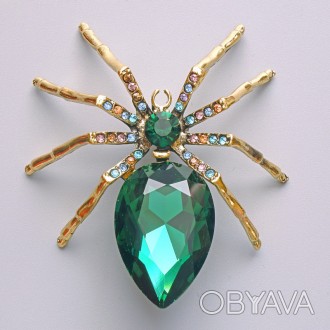 Брошка кулон Павук зелений кристал, різнокольорові стрази, золотистий метал 56х6. . фото 1