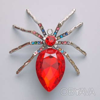 Брошка кулон Павук червоний кристал, різнокольорові стрази, сріблястий метал 56х. . фото 1