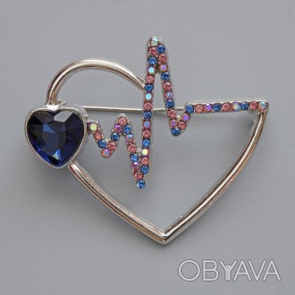 Брошка Серце синій кристал, різнокольорові стрази, сряблястий метал 46х40мм купи. . фото 1