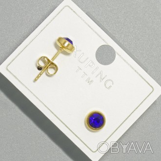 Сережки пусети Xuping з синім присталом d-6мм+- позолота 18К купити біжутерію де. . фото 1