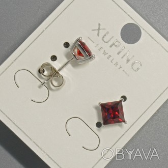 Сережки пусети Xuping з червоним кристалом d-6мм+- родій купити біжутерію дешево. . фото 1