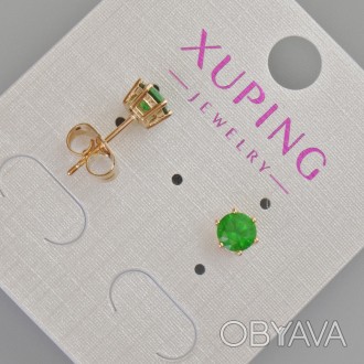 Сережки пусети Xuping з зеленим кристалом d-6мм+- Позолота 18К купить бижутерию . . фото 1
