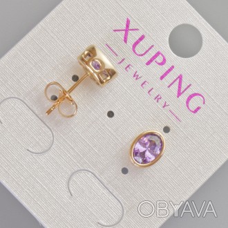 Сережки пусети Xuping з фіолетовим кристалом d-8,5х6,5мм+- Позолота 18К купить б. . фото 1