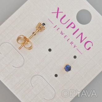 Сережки пусети Xuping з синім кристалом d-4мм+- Позолота 18К купить бижутерию де. . фото 1