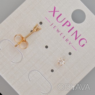 Сережки пусети Xuping з білим кристалом d-4мм+- Позолота 18К купить бижутерию де. . фото 1