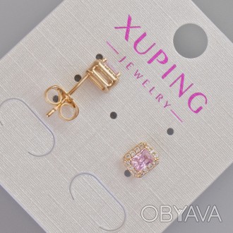 Сережки пусети Xuping з рожевим кристалом та білими стразами d-6,5х5,5мм+- Позол. . фото 1