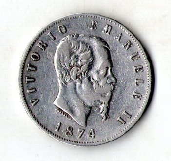 Італія - Италия › Король Виктор Эммануил II › 5 лир, 1874 Серебро 0.900, 25g, ø . . фото 2