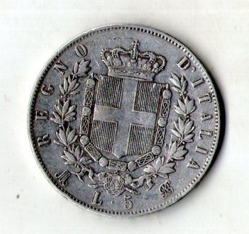 Італія - Италия › Король Виктор Эммануил II › 5 лир, 1874 Серебро 0.900, 25g, ø . . фото 3