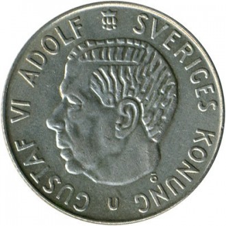 Швеція ø Король Густав VI Адольф 1 крона, 1952-1968 срібло No1169. . фото 2