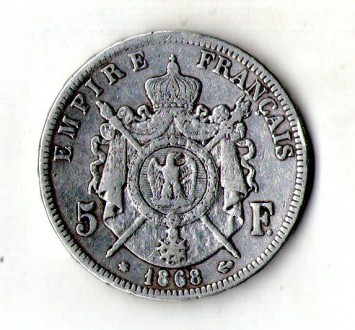 Імперія Франція 5 франків 1868 рік срібло 25 гр. 900 проби король Наполеон III №. . фото 3