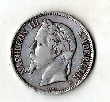 Імперія Франція 5 франків 1868 рік срібло 25 гр. 900 проби король Наполеон III №. . фото 2