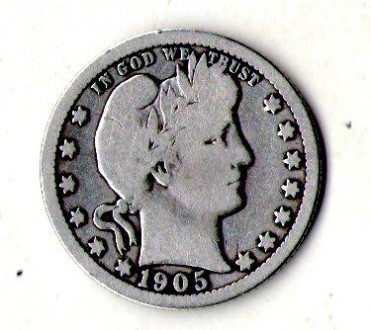 США ¼ долара, 1905 рік Barber Quarter Срібло 0.900, 6.25g, ø 24.26mm №1194. . фото 2