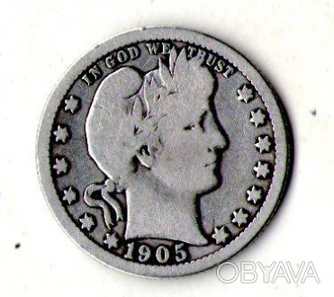 США ¼ долара, 1905 рік Barber Quarter Срібло 0.900, 6.25g, ø 24.26mm №1194. . фото 1
