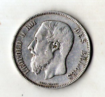 Бельгія - Бельгия › Король Леопольд II 5 франков, 1869 Серебро 0.900, 25g, ø 37m. . фото 2