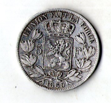 Бельгія - Бельгия › Король Леопольд II 5 франков, 1869 Серебро 0.900, 25g, ø 37m. . фото 3