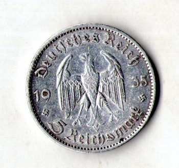 5 рейхсмарок, 1935-1936
Серебро 0.900, 13.88g, ø 29mm. . фото 3