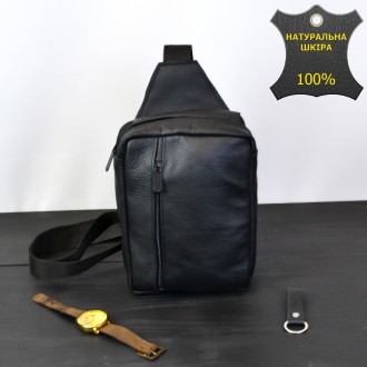 Мужская черная сумка-слинг из натуральной кожи – элегантный и практичный аксессу. . фото 2