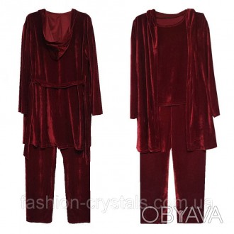 Велюровый комплект тройка халат и пижама бордовый