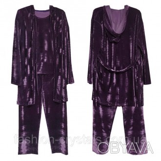 Велюровый комплект тройка халат и пижама фиолетовый