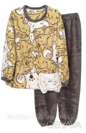 Теплая махровая пижама с штанами кошки