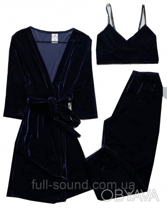 Велюровый комплект халат и пижама топ с штанами темно синий