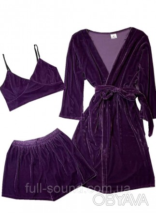 Велюровый комплект халат и пижама топ с шортами фиолетовый