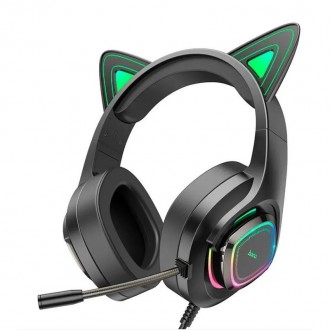 Дротові навушники HOCO Cute cat luminous W107 RGB c котячими вушками та підсвічу. . фото 2