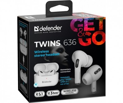 Навушники з мікрофоном Defender Twins 636 Pro TWS, Bluetooth, білі. . фото 9