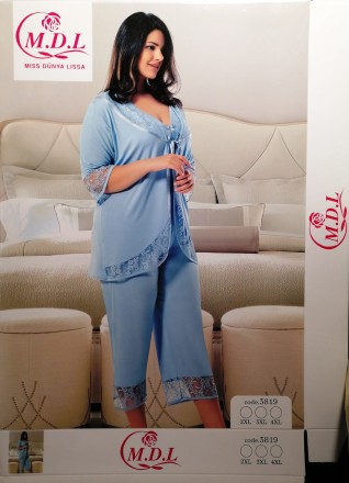 Женская пижама с кружевом р 56-58 2XL-3XL ( майка, бриджи, кофта) 3 предмета ТМ . . фото 15