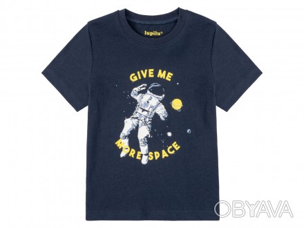 Хлопковая футболка бренда Lupilu с принтом спереди. Коротким рукавом и круглым в. . фото 1